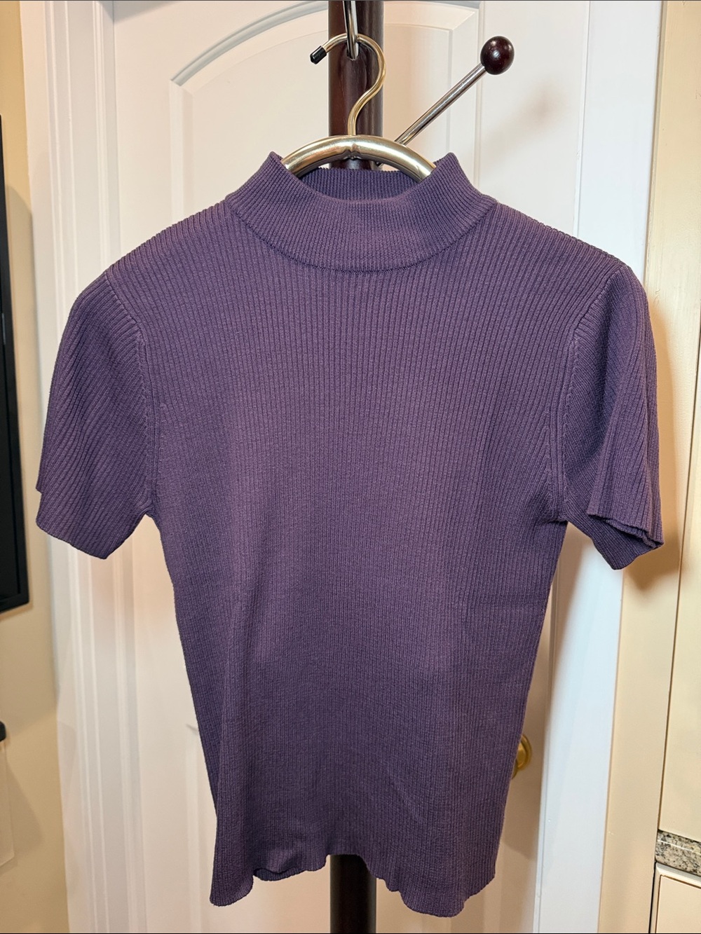 Studio Works Ribbed Short-Sleeve Mock Neck Top - Purple